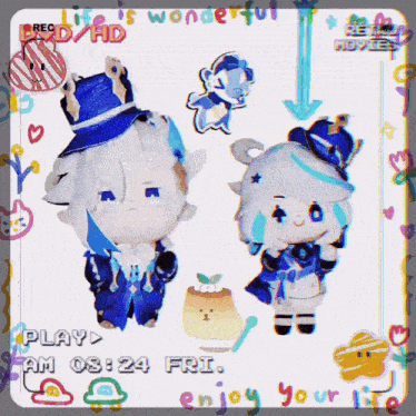 a picture of two dolls with the time of 3:24