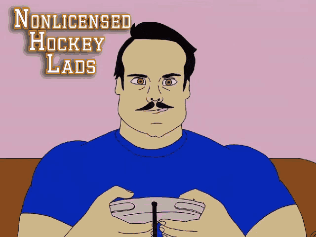 a cartoon of a man playing a video game with the words " nonlicensed hockey lads " behind him