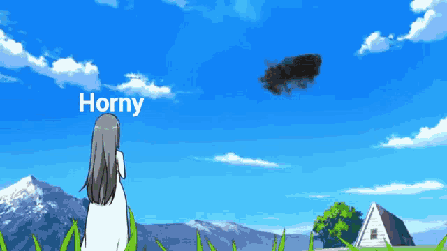 a cartoon of a woman standing in a field with the word horny on the bottom