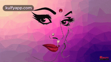 a drawing of a woman 's face is displayed on a purple background