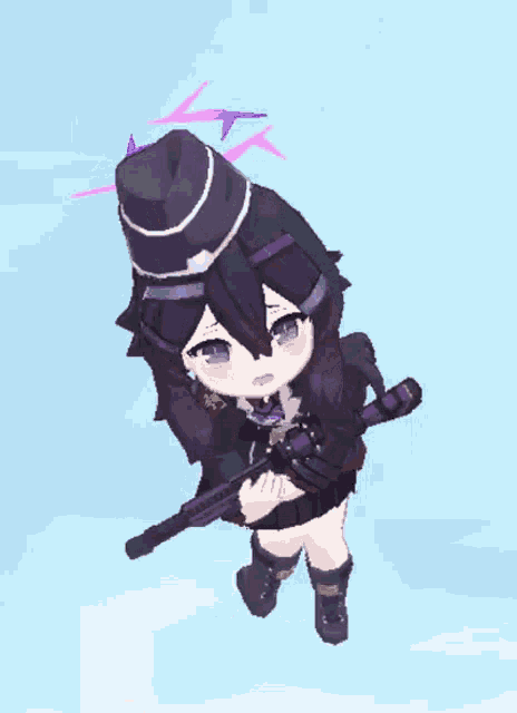 a girl with purple hair is holding a gun and wearing a black hat