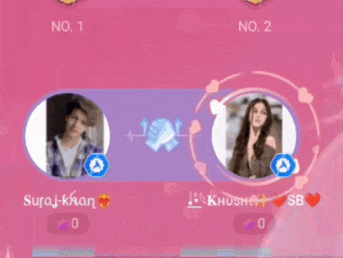 a pink and purple screen with a picture of a woman in a circle