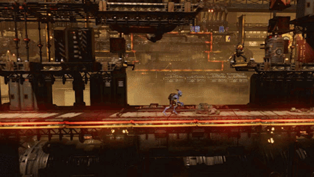 a video game shows a robot fighting another robot on a platform
