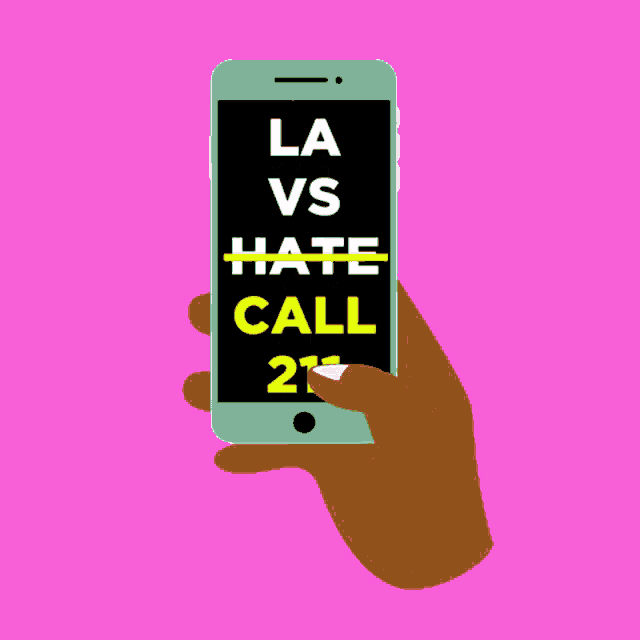 a hand is holding a cell phone with the words " vs hate call 211 la " on the screen