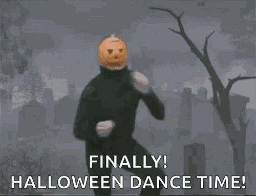 a man with a pumpkin on his head is dancing in a cemetery and says finally ! halloween dance time !