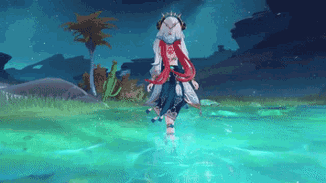 a girl with long red hair is standing in the water .