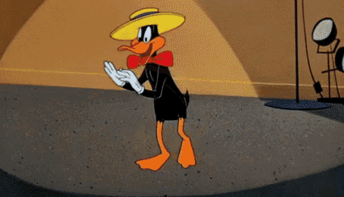 a cartoon of daffy duck wearing a yellow hat and gloves