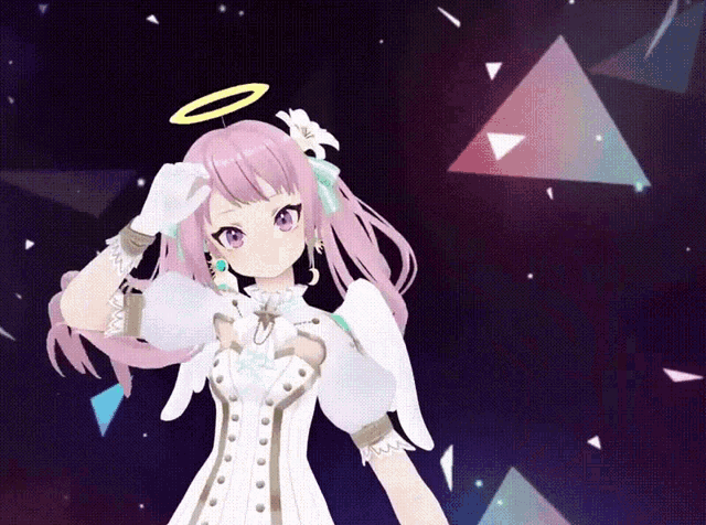 a girl with pink hair and a halo on her head is wearing a white dress