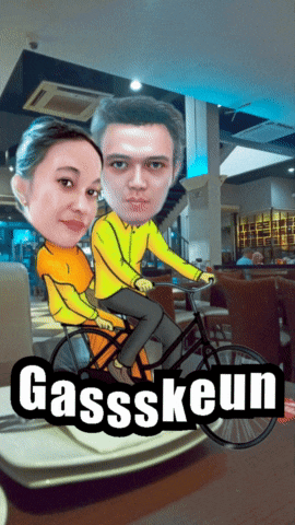 a cartoon of a man and a woman riding a bike with the name gasskeun on the bottom right