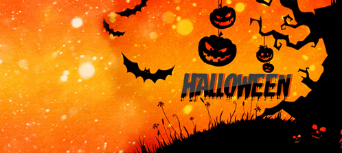 a halloween poster with bats pumpkins and a tree in the background