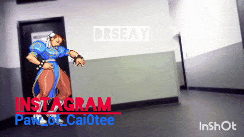a cartoon of chun li in a hallway with the words instagram paw of caiotee