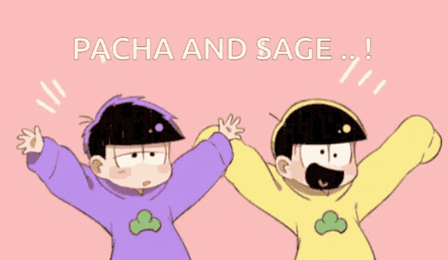 two cartoon characters are standing next to each other and the words pacha and sage are above them