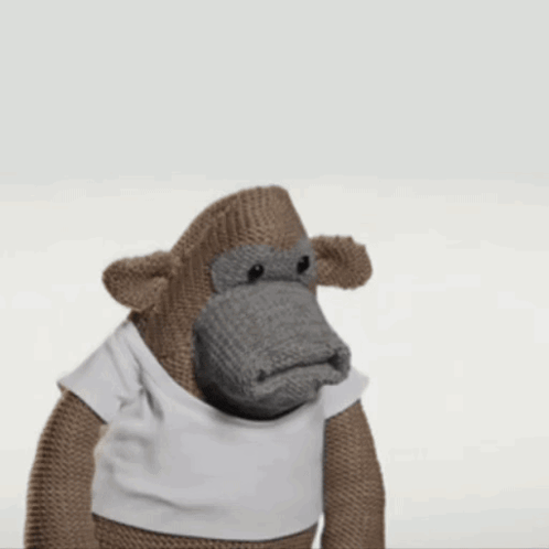 a stuffed monkey wearing a white t-shirt has a sad look on his face