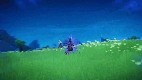 a video game character is standing in a field of grass