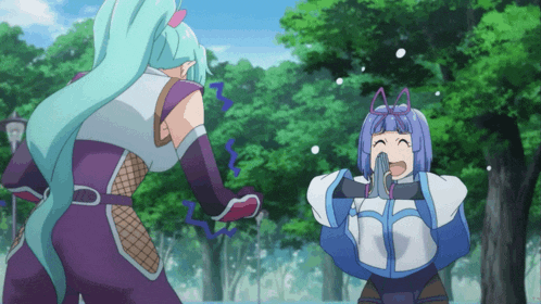 two anime characters are standing next to each other in a park