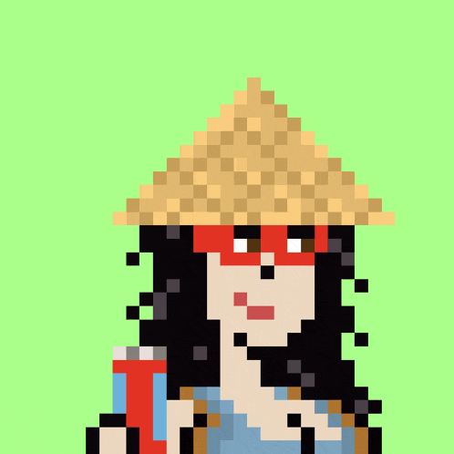 a pixel art of a person wearing a straw hat with the letters gm above them