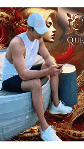 a man wearing a white hat is sitting on a couch in front of a poster for queen
