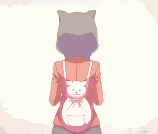 a girl wearing a cat hoodie and carrying a cat backpack .