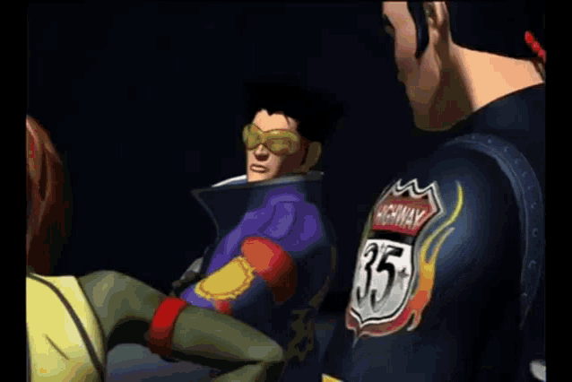 a man in a purple jacket has a highway 35 patch on his jacket