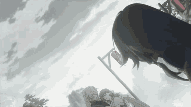 a man and a woman are hugging in front of a cloudy sky