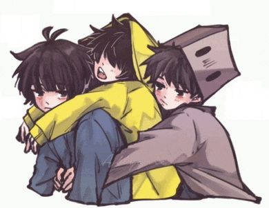a drawing of a boy with a box on his head carrying two other boys