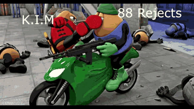 a cartoon of a potato riding a motorcycle with 88 rejects