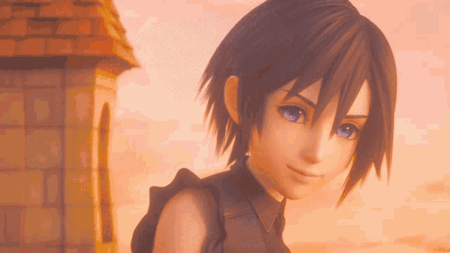 a cartoon character with short hair and blue eyes stands in front of a building