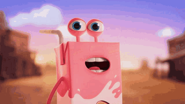 a pink box with a straw in it looks like a cartoon character
