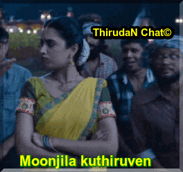 a woman in a yellow sari stands in front of a crowd with the words moonjila kuthiruven written below her