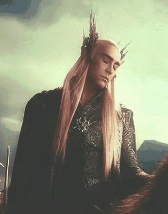a man with long blonde hair and a crown on his head is standing in a field .