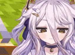 a close up of a cartoon girl with long white hair and a cat hair clip in her hair .