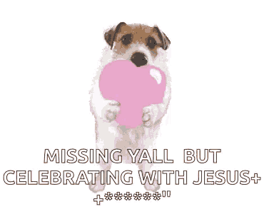 a dog is surrounded by pink hearts with the words missing yall but celebrating with jesus