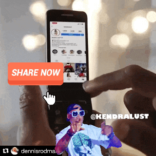 a hand holding a flip phone with a share now button