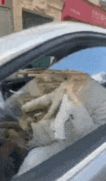 a person is driving a car with a broken windshield and a pile of trash on the windshield .