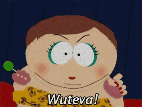 a cartoon character from south park says " wuteva " while holding a lollipop