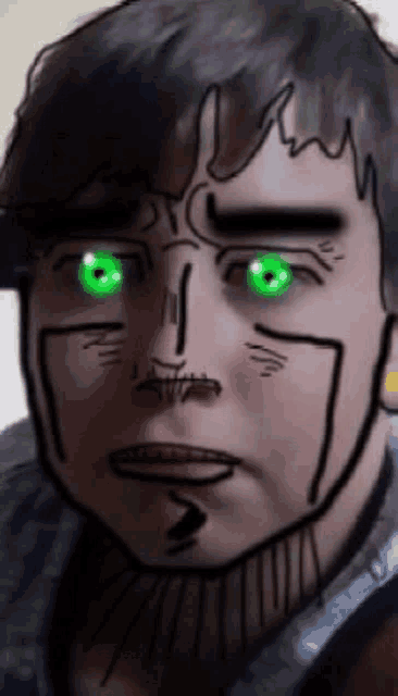 a drawing of a man with green eyes