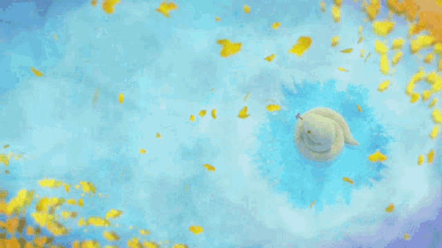 a painting of a blue sky with yellow leaves floating in it