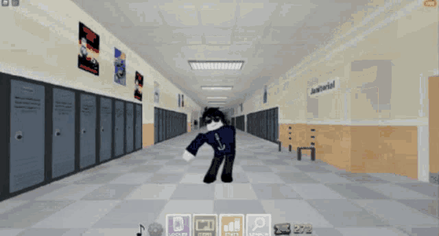 a screenshot of a school hallway with lockers and a car