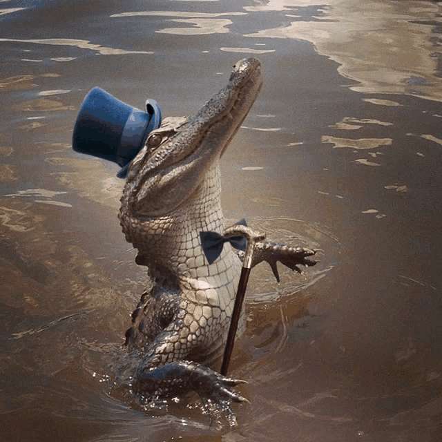 a crocodile wearing a top hat and bow tie holds a cane
