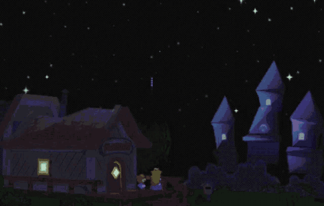 a video game scene with fireworks in the sky above a house