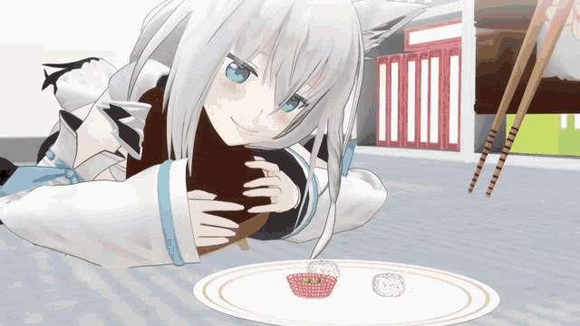 a 3d anime girl laying on the floor with a plate of food and chopsticks