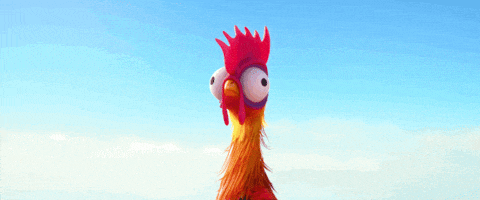 a cartoon rooster with a blue sky in the background is looking up .