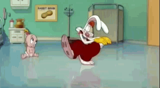 a cartoon rabbit is standing in a room with a pig and a baby .