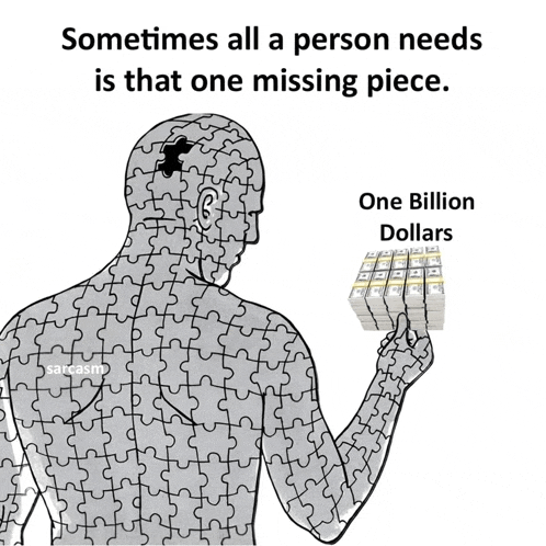 a man made of puzzle pieces is holding a stack of dollars