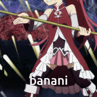a girl in a red dress is holding a stick and the word banani is on the bottom of the picture