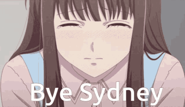 a picture of a girl with her eyes closed and the words bye sydney above her