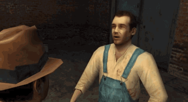 a man in overalls says " aa ahoj to tome " while talking to another man