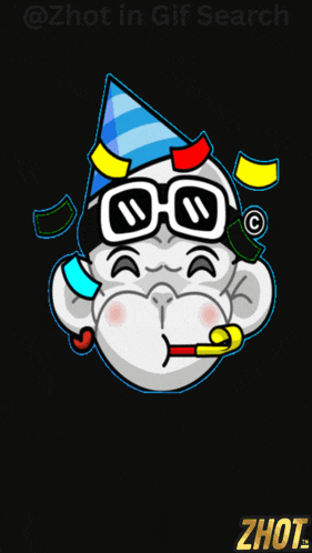a cartoon of a monkey wearing sunglasses and a party hat with a party horn