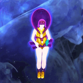 a woman in a purple and gold outfit is dancing in front of a blue background