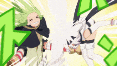 a cartoon character with green hair and a black cape is being punched by another character